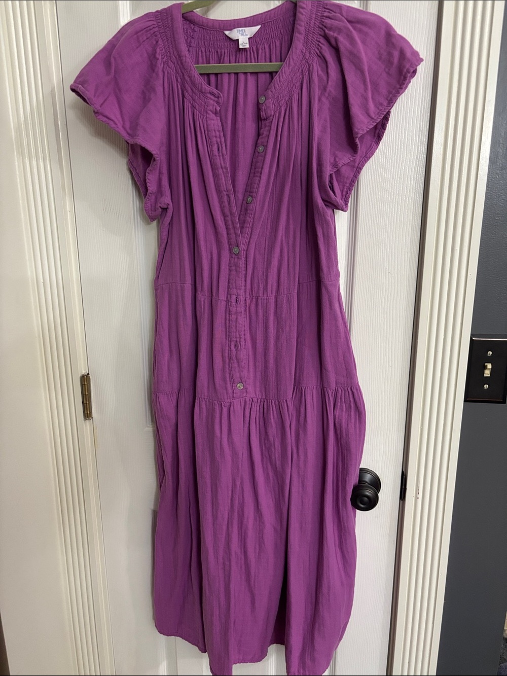 Time and Tru Purple Button-Front Tiered Midi Dress